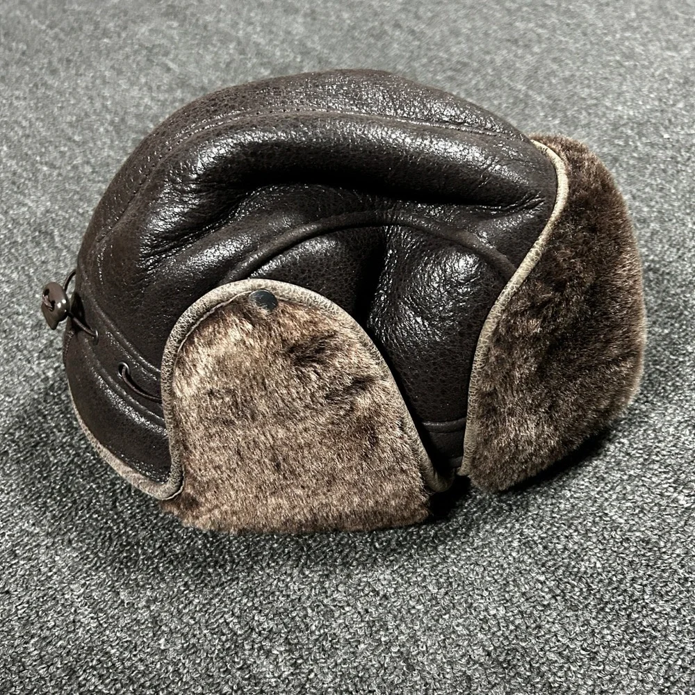 Zavelio Aviator Trapper Hat Mens XL Brown Genuine Leather Faux Fur Pilot Hat